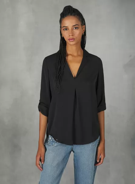 Blusa De Color Liso Con Escote De Solapa Mujer Bk1 Black Alcott Camisas