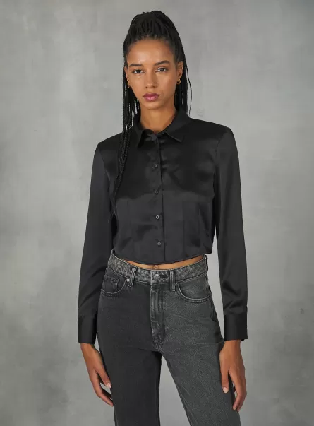 Alcott Bk1 Black Camisas Mujer Camisa De Satén Con Pinzas
