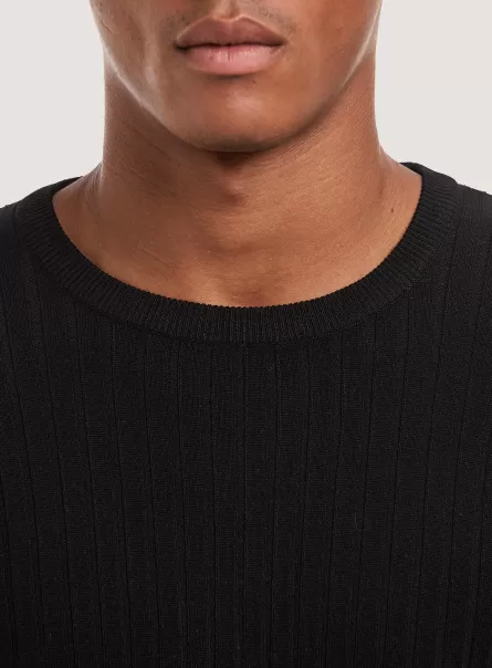 Hombre Bk1 Black Alcott Punto Jersey De Cuello Redondo De Canalé En Color Sólido