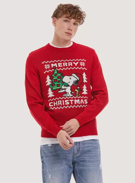 Rd2 Red Medium Hombre Alcott Punto Pullover Peanuts X Christmas Family Collection